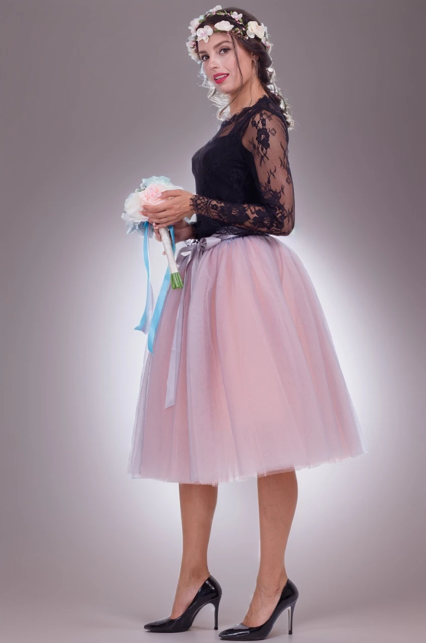 

Women's Summer Tulle Half Skirts Fluffy Mesh Two Color Midi Petticoat Elastic Waist Knee-Length Bow Sashes Lolita Ball Gowns