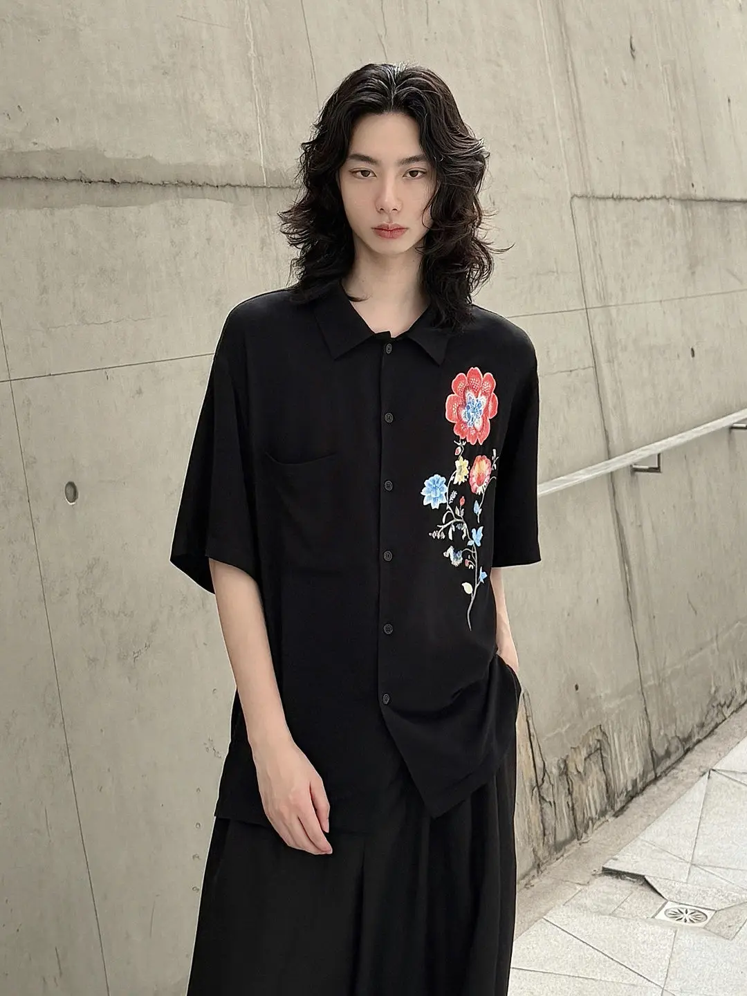 

YAMAMOTO-Style Shirt 2026 Summer HighQuality Dark Style Short-sleeved Shirt With Shoulder-hanging Floral Print Blouse