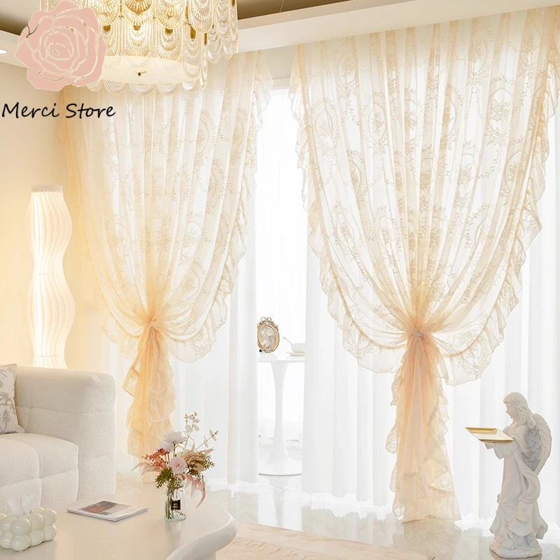 

Luxury French Rococo American Retro Lace Cream Curtains Tulle for Living Room Bedroom Blackout Window Balcony Veil Drapes Custom