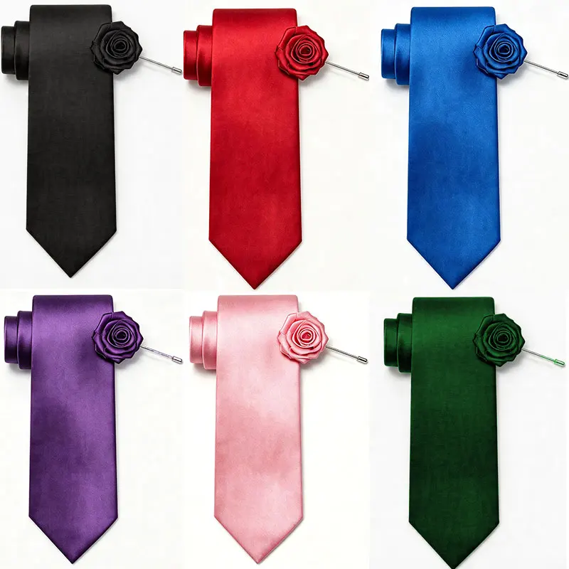 2Pcs Men's Hand-Tied Tie 5cm (1.97inch) with Matching Color Rose Brooch Set, Narrow Solid Color Satin Tie for Business, Wedding, Black, Pink, Multi-Color Suits, Banquets, Performances