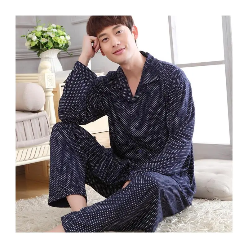 

Spring 209 Men's Long Sve Nightgown Spwear Comfortable Home Clothes Button Collar Long Pants Suitable for All Seasons