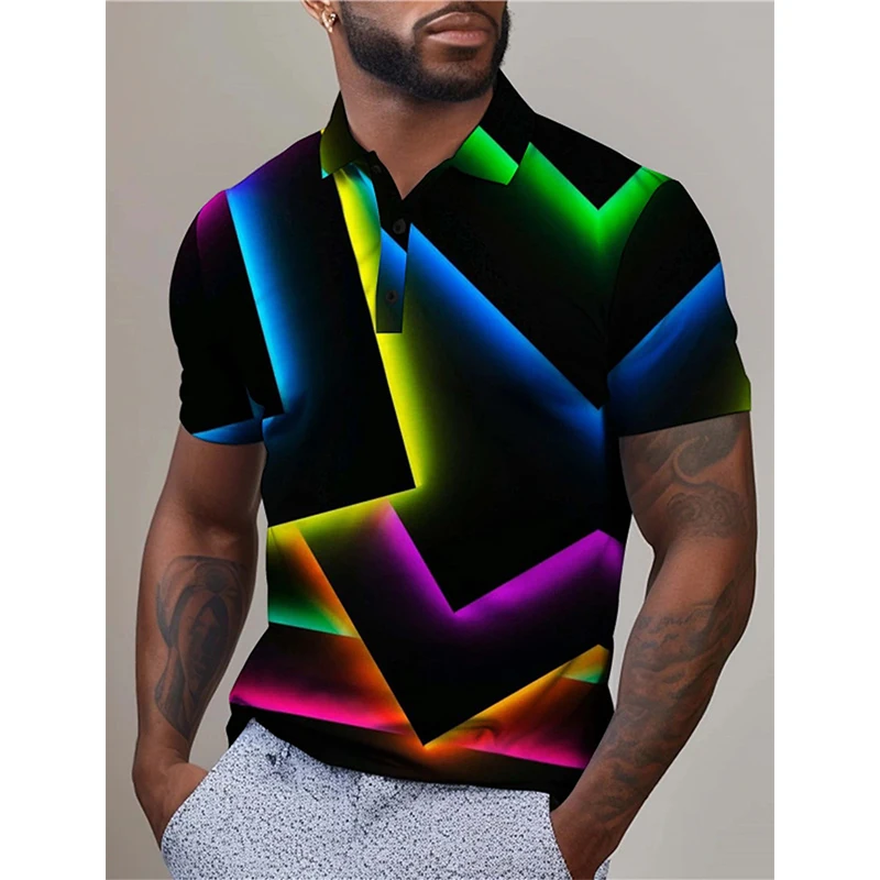 Full Print Optical Illusion Geometry Abstract Graphic Polo Shirt For Men Short Sleeve Turndown Lapel Polo Shirts Mens Tshirt