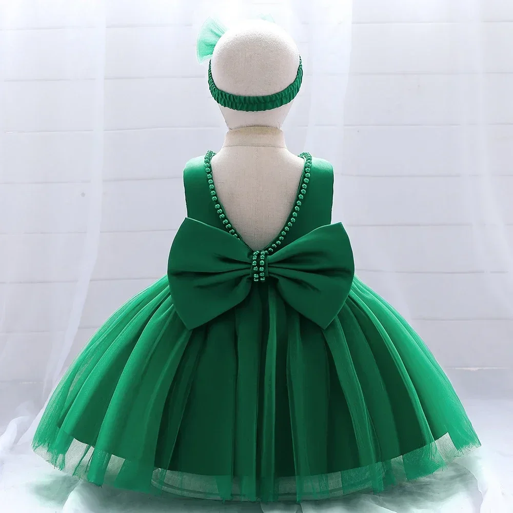 Cute Baby Dress Summer Toddler Kids Bow Clothes Newborn 1st Birthday Baptism Party Dresses Backless Beading Wedding Prom Gown