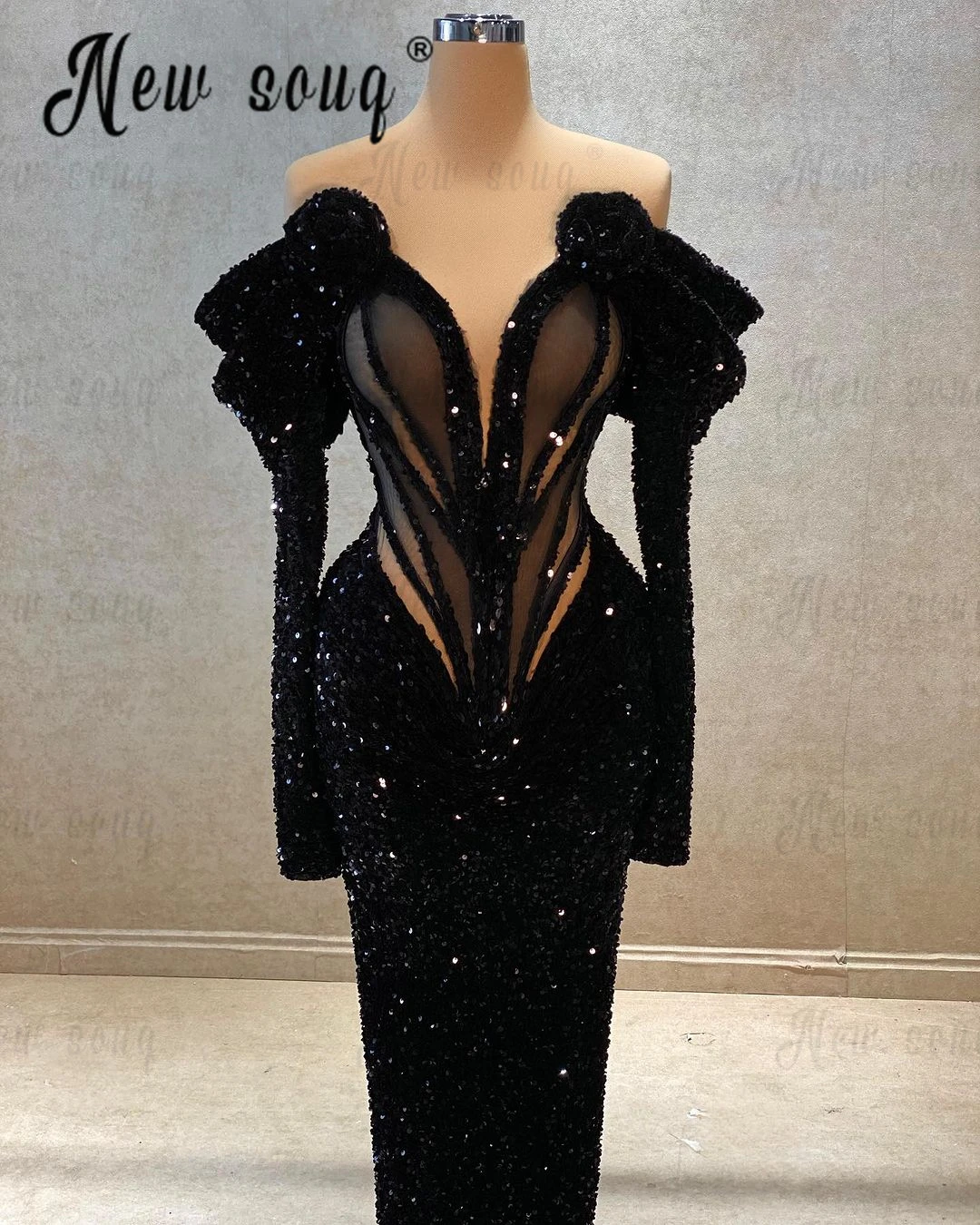 5 Designs Arabic Elegant Black Beaded Sequin Evening Dresses Long Sleeve Formal Prom Party Dresses for Women Wedding 2024 Custom