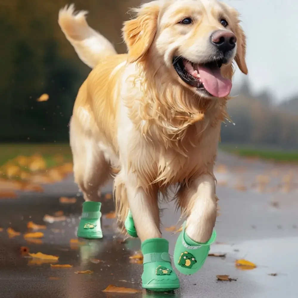 4pcs/set Cartoon Anti-slip Pet Rainshoe Wear Resistant Silicone Dog Ankle Boots Waterproof Dog Rain Shoes Outdoor