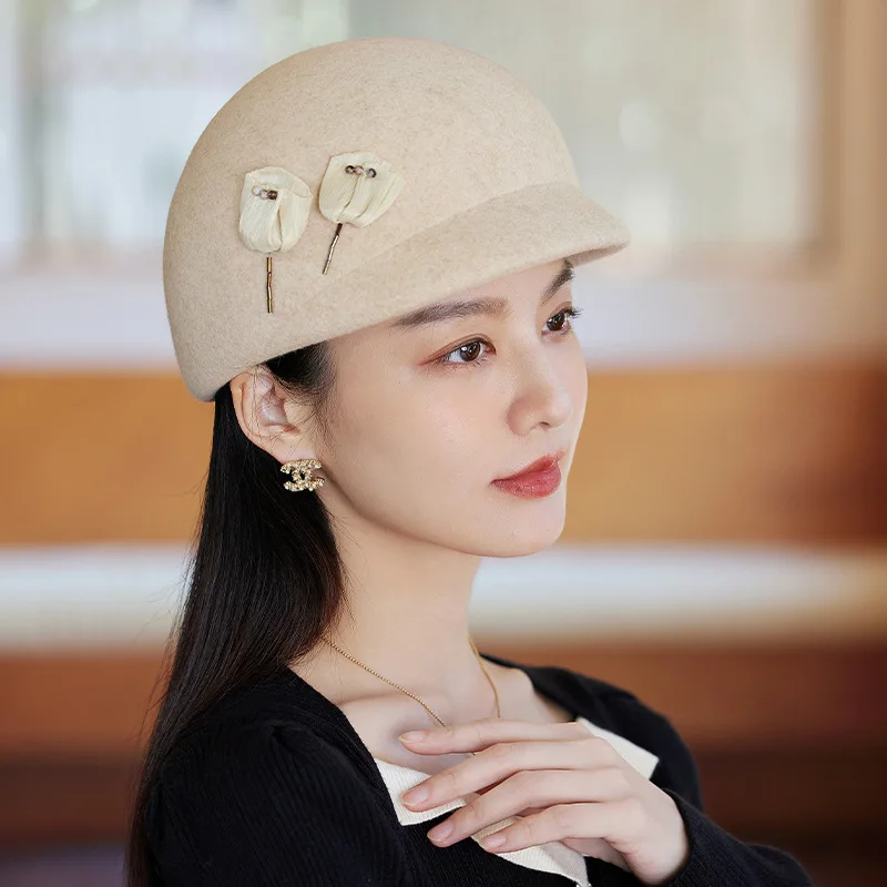 Classic Ladies Beret Hat Fancy Wool Felt Hat Warmer Winter White Black Women Fedora Hat Fascinator Pillbox  Formal