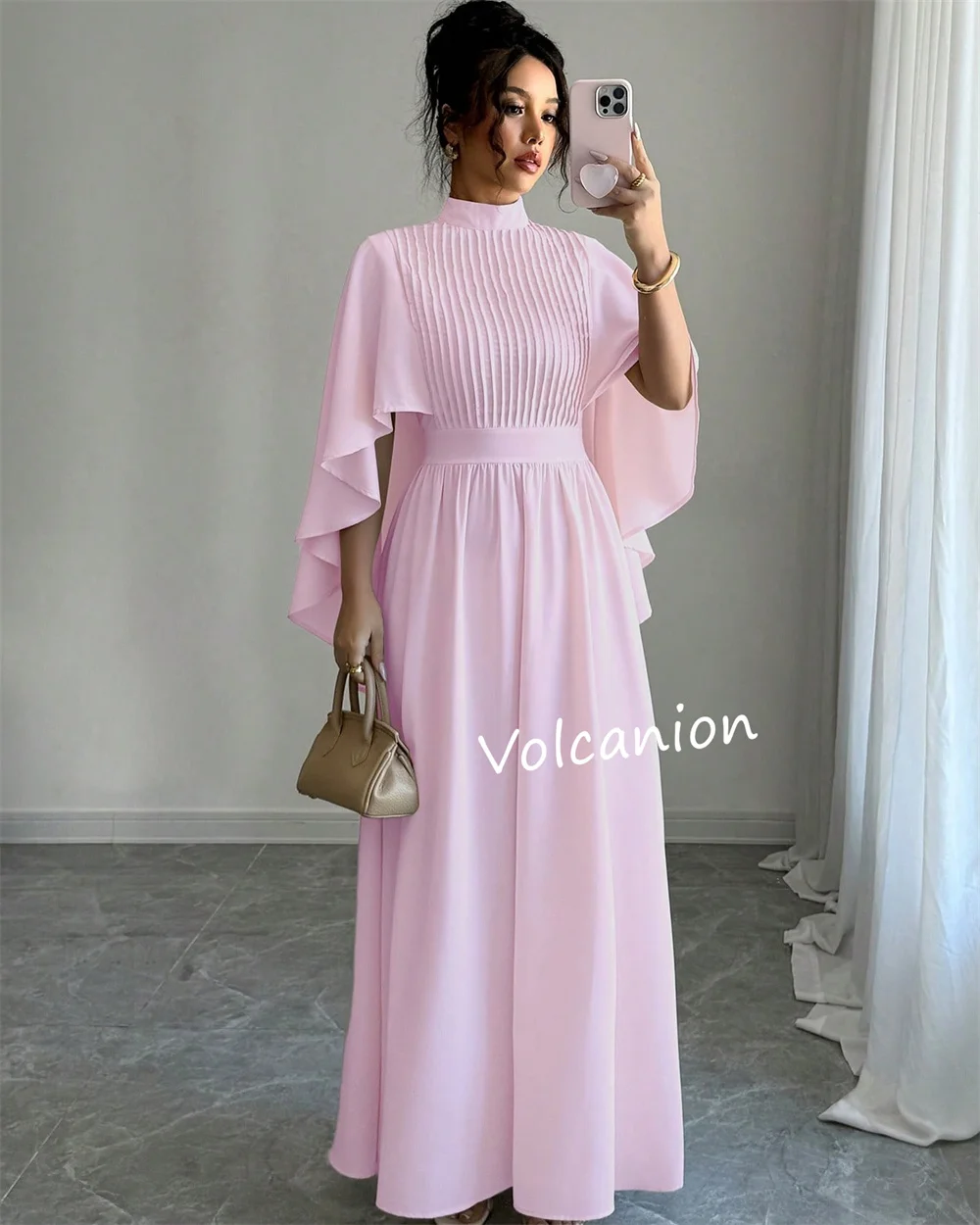 تخصيص الشيفون كشكش الطية ألف خط الياقة العالية فساتين متوسطة الطول مناسبة مخصصة العودة للوطن عادية بسيطة أنيقة