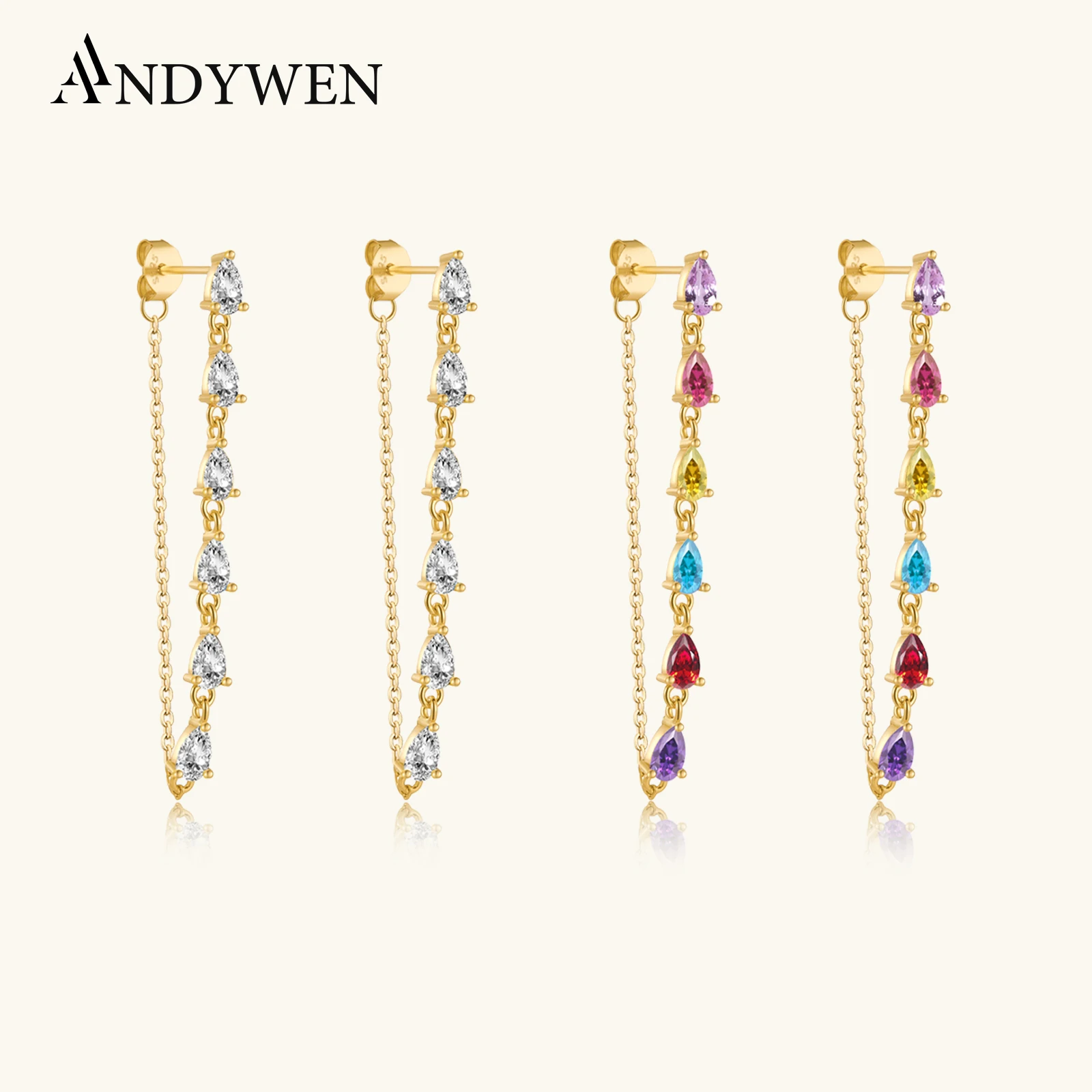 

ANDYWEN 925 Sterling Silver Gold Long Line 45cm Stud Earring Ovals Clear CZ Zircon Chains Rock Punk Women Crystal Jewelry