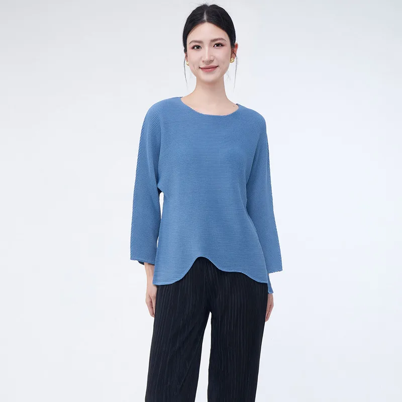 Tops For Women Fashion Simple Spring Round Neck Stretch Loose Miyake Pleated Pullover Irregular T-shirt