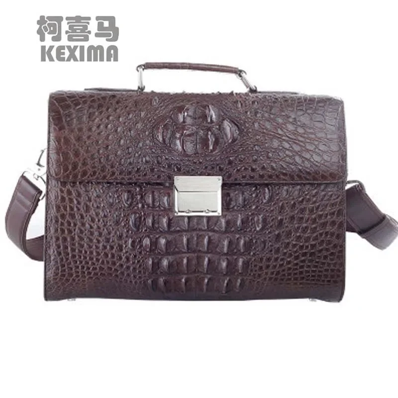 Ourui 악어 가죽 남성 서류 가방, 비즈니스 남성 핸드백, 뼈 피부 다크 브라운, 대용량 악어