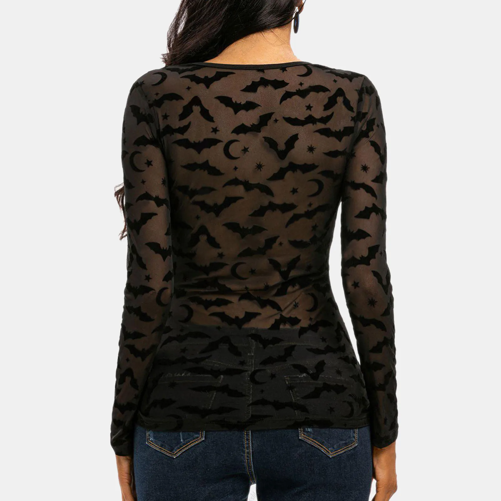 Women's Sexy Mesh T Shirts 2024 Bat Embroidery Halloween Long Sleeve Tops See Through Women's Sheer Tees Lingerie Sleepwear