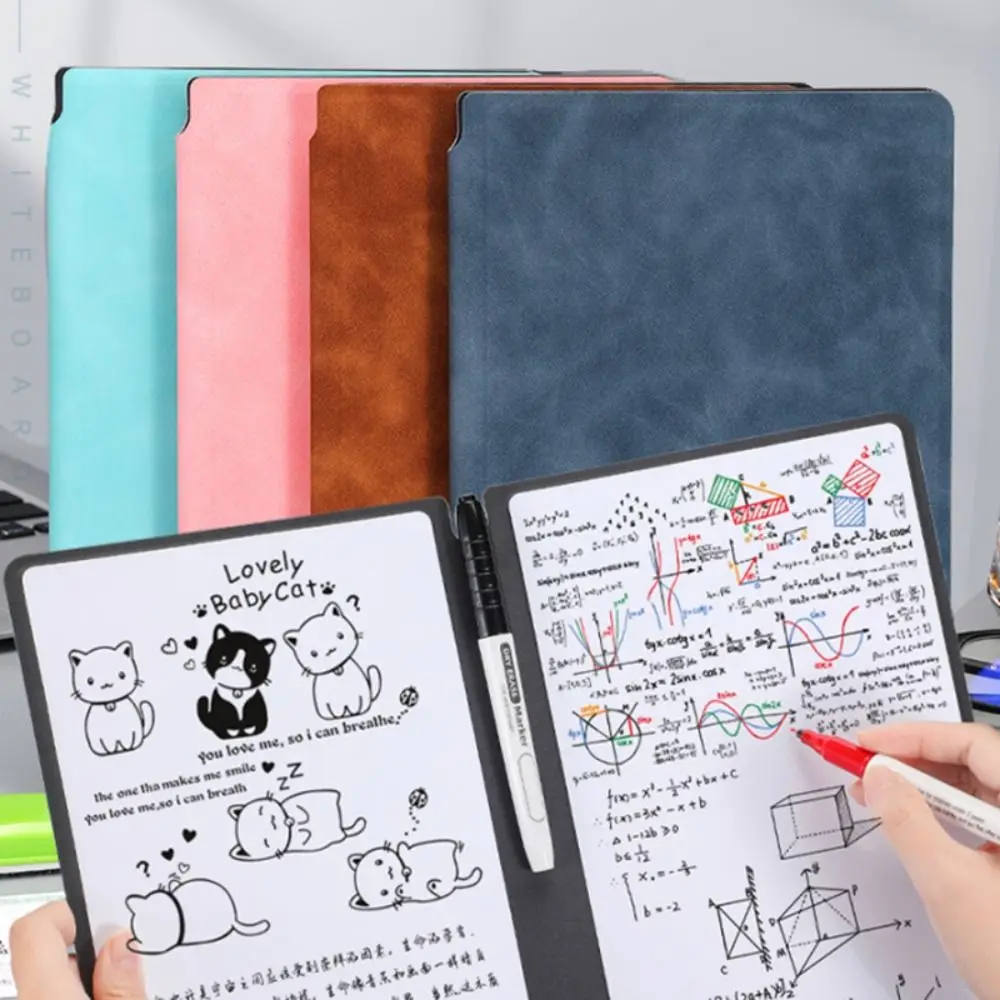 

Reusable A4 Whiteboard Notebook Leather With Whiteboard Pen Erasable Whiteboard Draft Stationery With Erasing Cloth Memo Pad