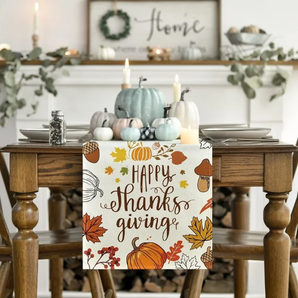 Thanksgiving Autumn Pumpkin Maple Leaf Dining Table Runner Home Kitchen Dining Party Decoration Washable Table Runner Multistyle