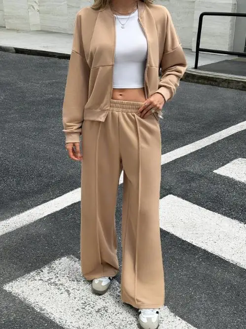 

Spring and Autumn New Fashion Casual Women's 2-Piece Set Solid Color Round Neck Zipper Jacket High Waist Straight Pants Set