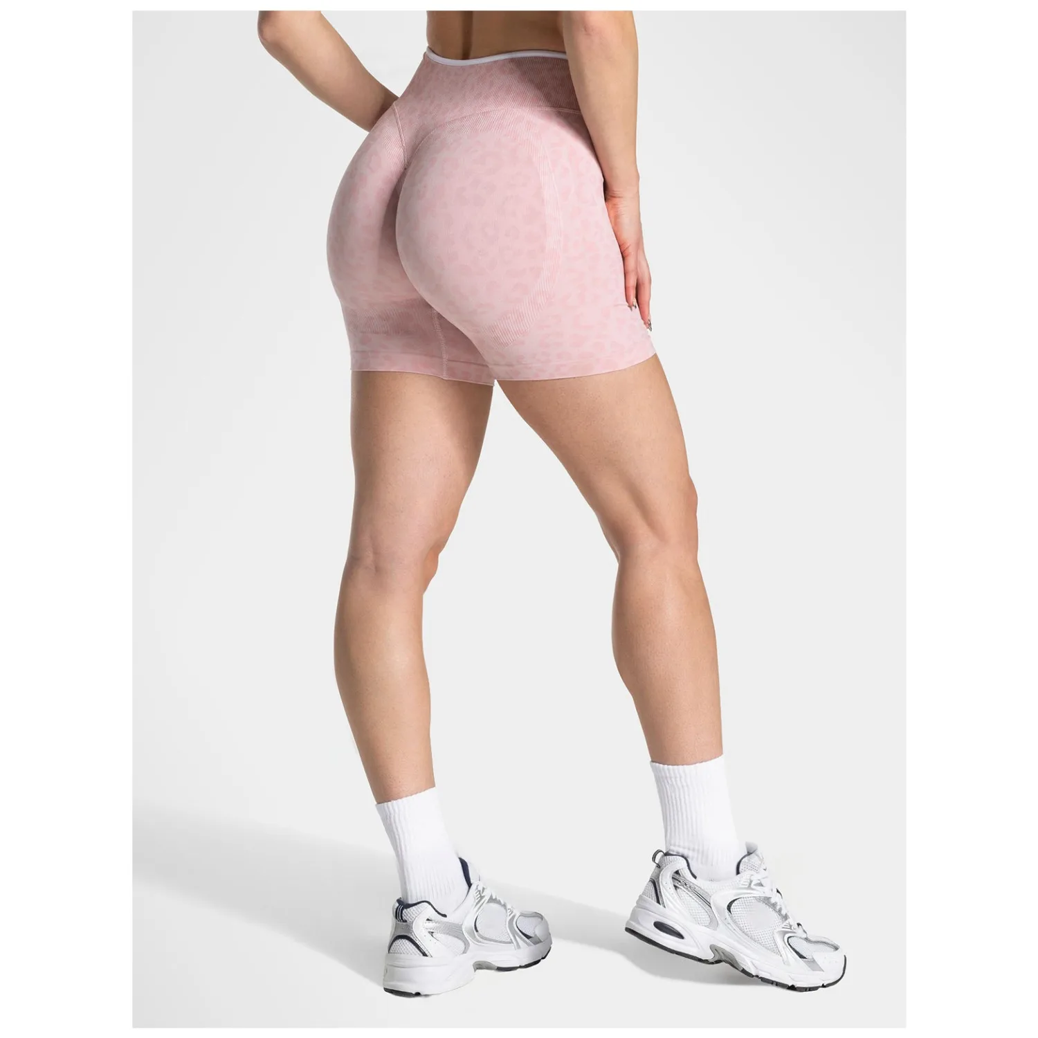Sommer Damen Nahtlose Sportshorts mit Leopardenmuster Weißer Rand Kontrastierende Hochtaillierte Leggings Gym Yoga Übungs-Sportshorts – Detail 9