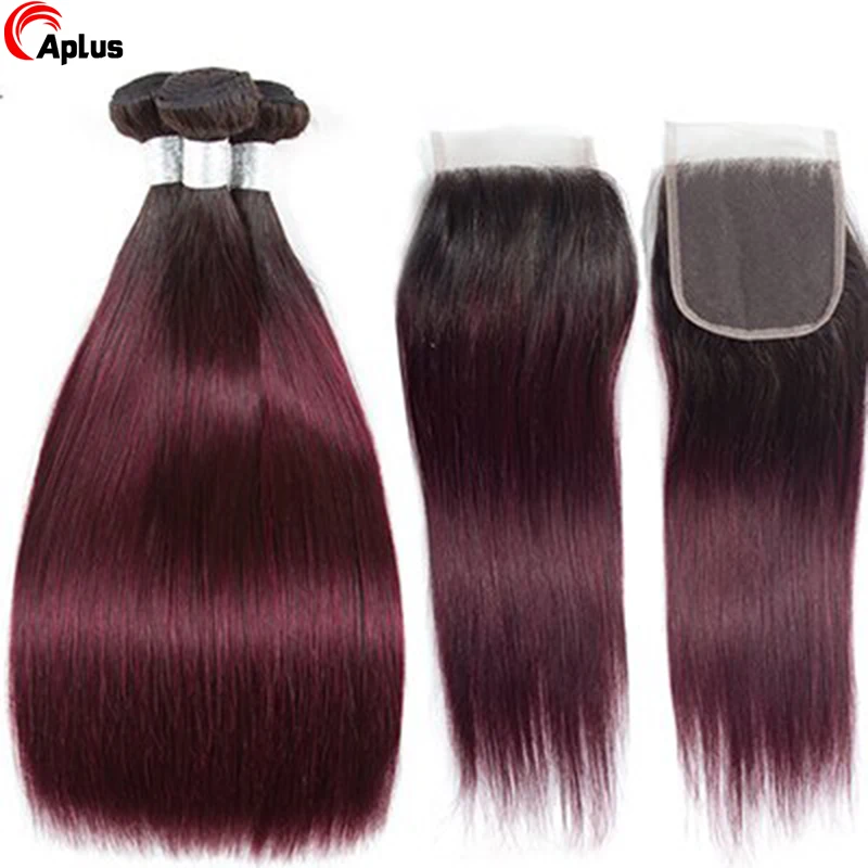 Raw Indian Bundles With Closure Blonde Color 1b/27 99j Ombre Human Hair Bundles With Closure Remy Straight Bundles With Closure