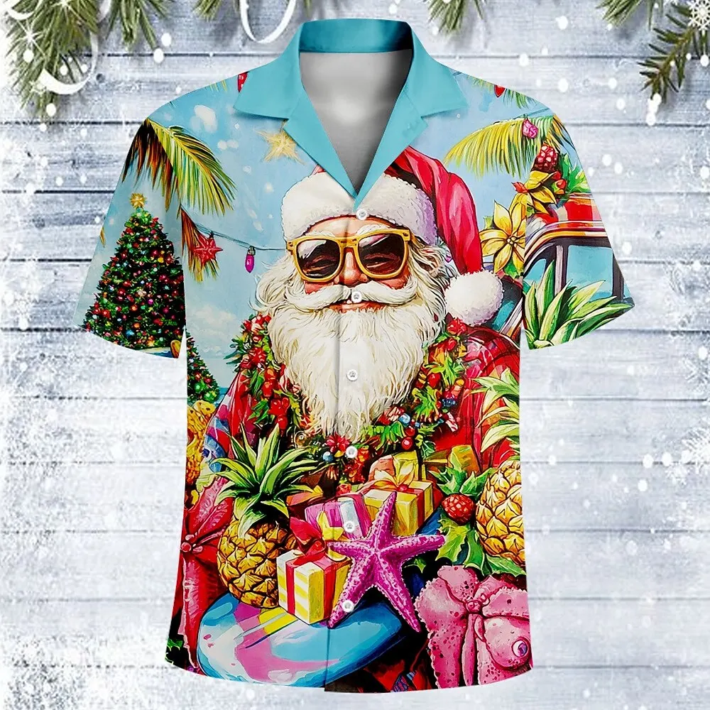 

Santa Clause Holiday Casual Short Sleeve Shirt Fashion Personality Loose Button Lapel Top Christmas Theme Festival Party Clothes