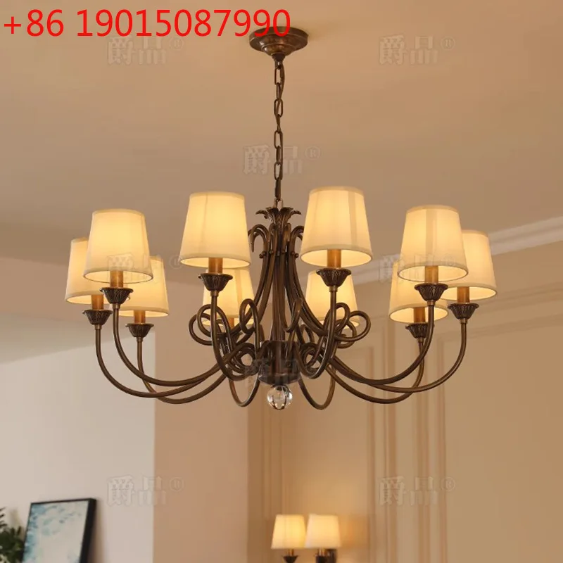

All-copper American simple retro living room chandelier, high-end villa duplex floor dining room bedroom study lamp