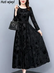 Autumn Winter Black Jacquared Long Sleeve Midi Dress Women Luxury Chic Eleagant Dress 2024 Korean Vintage Hepburn Party Vestidos