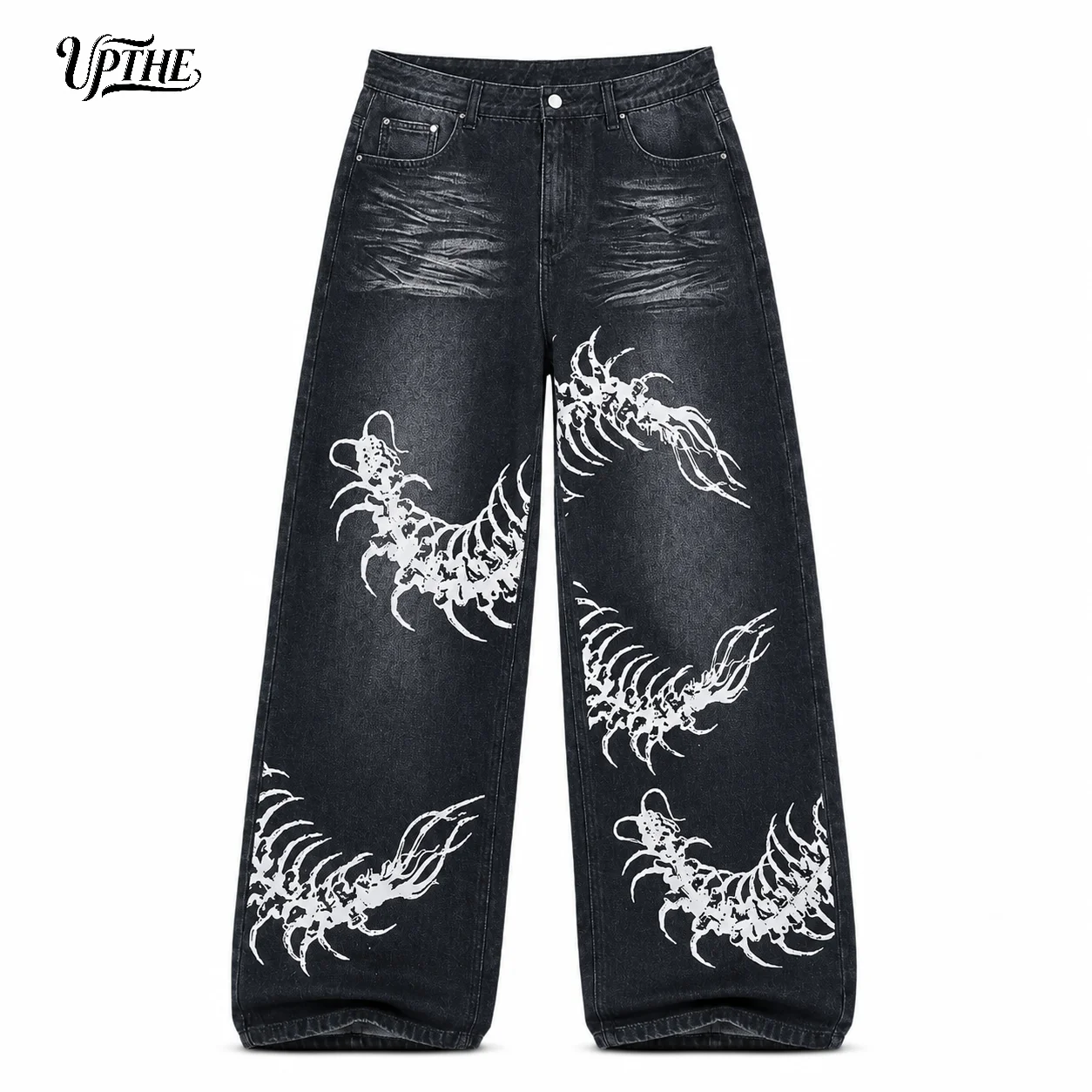 UP.THE Men Black Faded Baggy Wide Leg Jeans, Y2K Oversized Loose White Centipede Skeleton Print Denim Pants, Gothic Grunge Streetwear Trousers for Daily Outfits