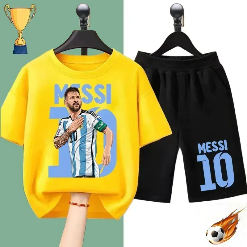 Summer Kids T-shirt Soccer star Messi Print Sports Boys Girls Casual short sleeve shorts Fashion Black shirt Sports shirt set