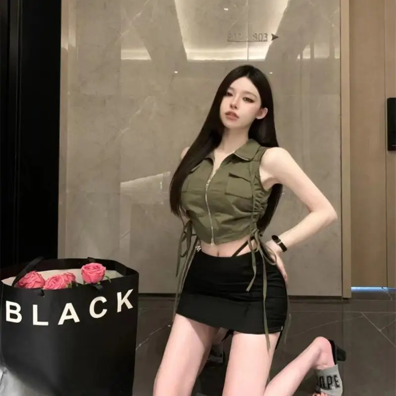 army green safari style Slim Mini Vest for women summer folds Lace-Up Vest Jackets woman Zipper Designed Short Sleeveless Vests