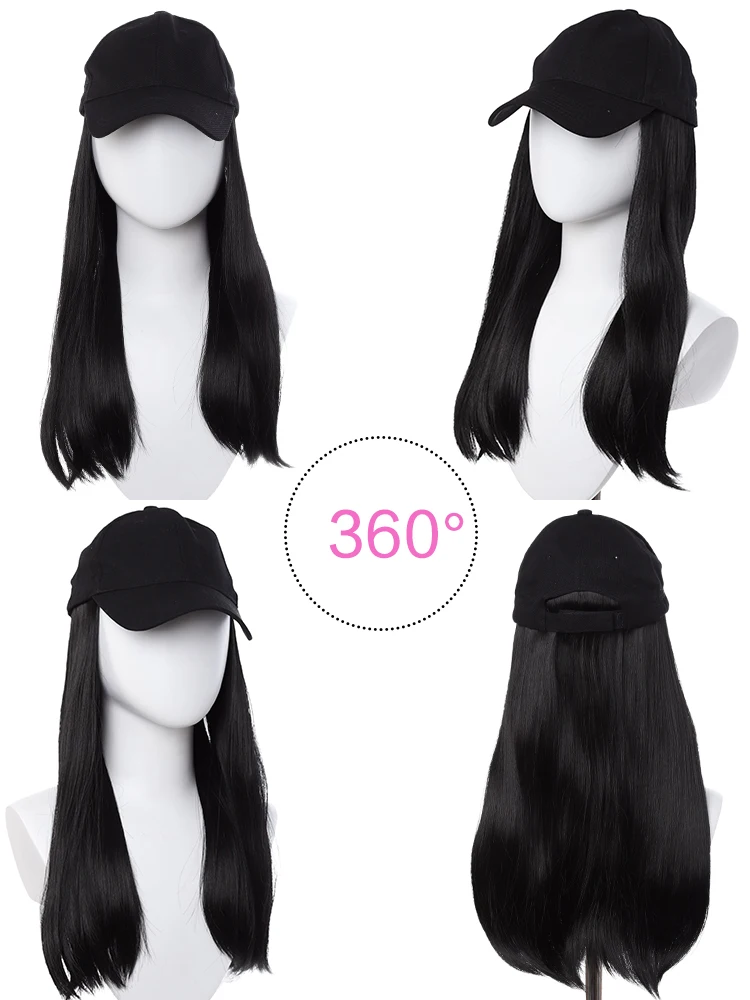 18 Inch Synthetic Hair Extension Baseball Cap Wig Hat With Hairpiece,Black Color,For Women Christmas New Year Carnival Music