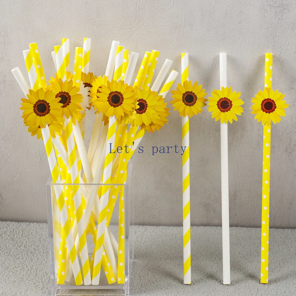 30pcs Sunflower Theme Party Disposable Paper Straws Flower Drinking Straws for Birthday Wedding Baby Shower Party Decoration