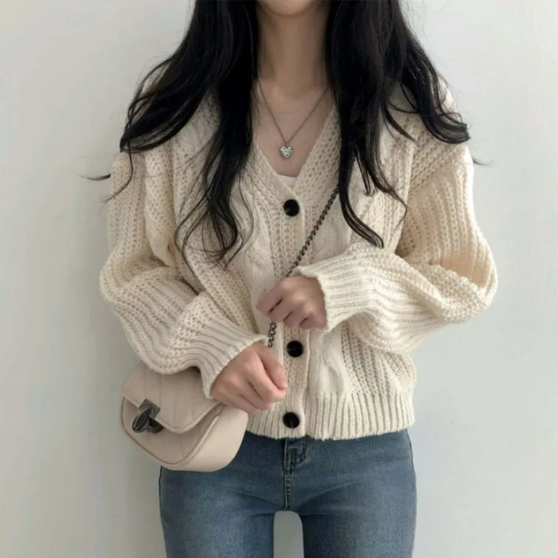 Button Front Cable Knit Cardigan Women's Vintage Long Sleeve Sweater Jacket Ladies Korean Fashion Autumn Winter Knitwear