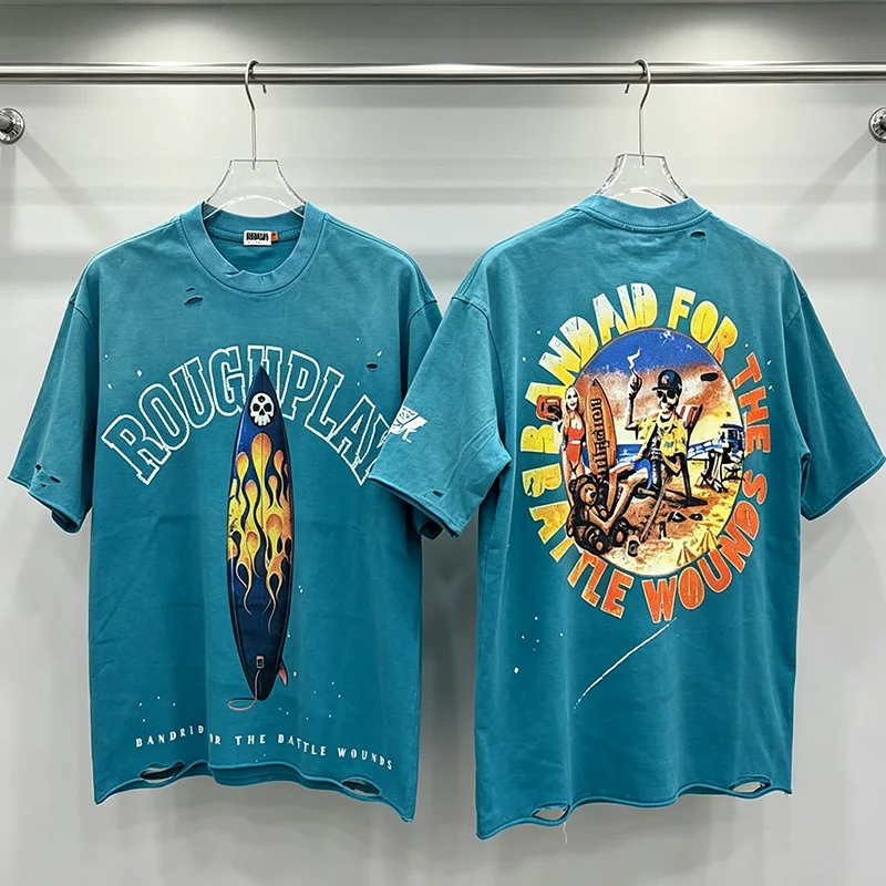 Rough Play Mens Casual T-Shirt Surfboard Skull Graphic Distressed Destroyed Streetwear Short Sleeve