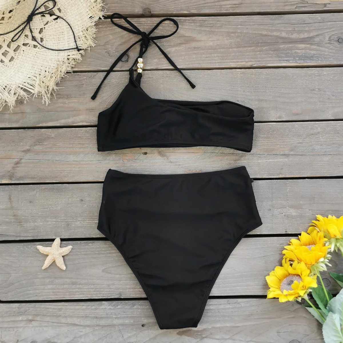 New Arrival Beaded high Waist Bikini Sets Fashion One Shoulder Strap Women's Suspender Swimsuit Holiday Beach Wear Female Outfit