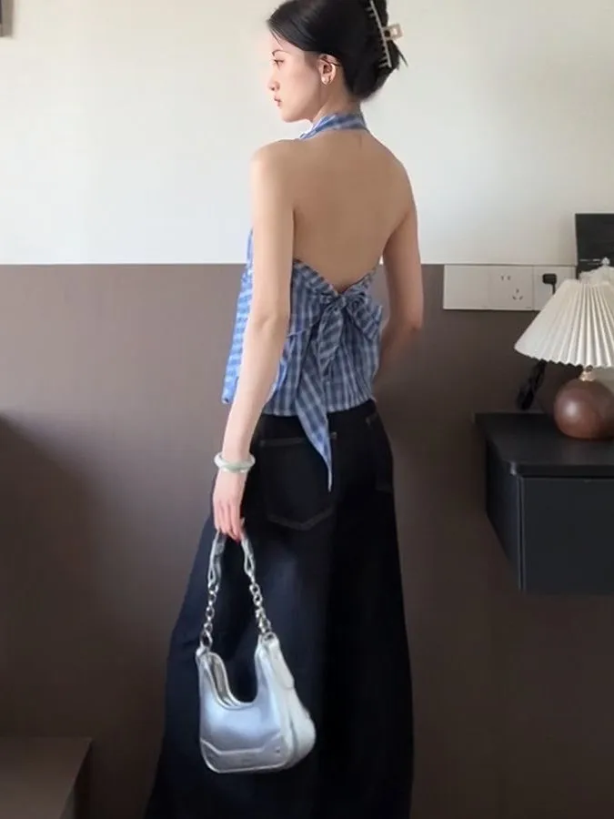 

Summer Outfit Women's Plaid Backless Tank Top with Bow Tie Waist Cinching Sexy Back V-Neckline Korean Style Slim Fit