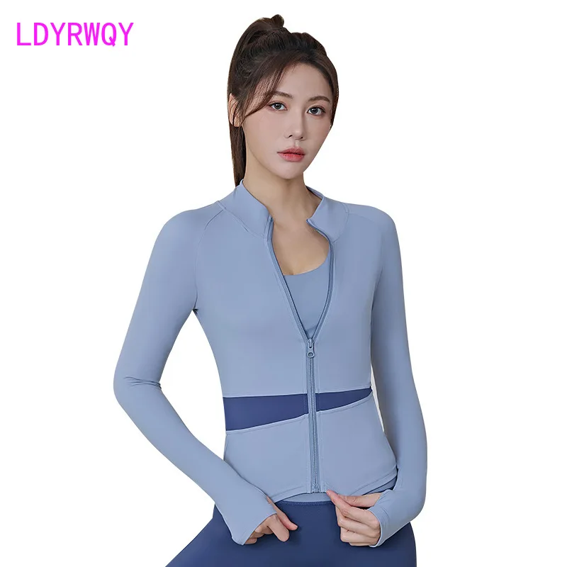 

Spring and Autumn Colored Outer Long Sleeve Zipper Quick Drying Tight and Slimming Sports Fitness Running Yoga Coat