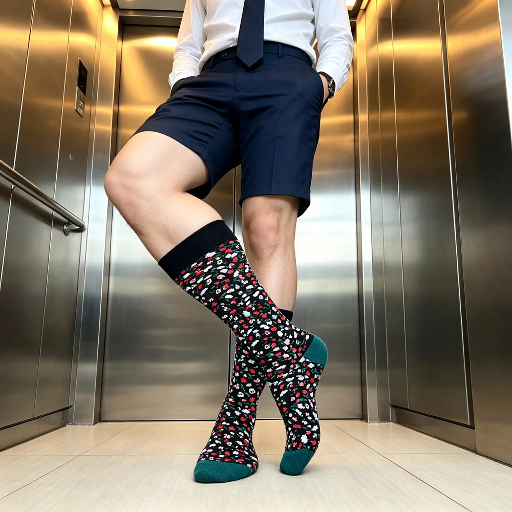 Men's Floral Dress Socks Black Green Toe Business Formal Crew Socks Vintage Colorful Flower Pattern Cotton Socks for Office Suit