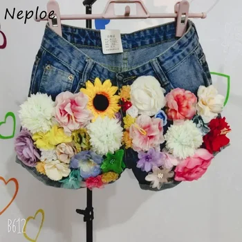 Neploe High Waist Solid Color Wide Leg Jeans Pants Beading Heavy Stereo Flower Shorts Y2k Vetement Femme Pantalones Cortos