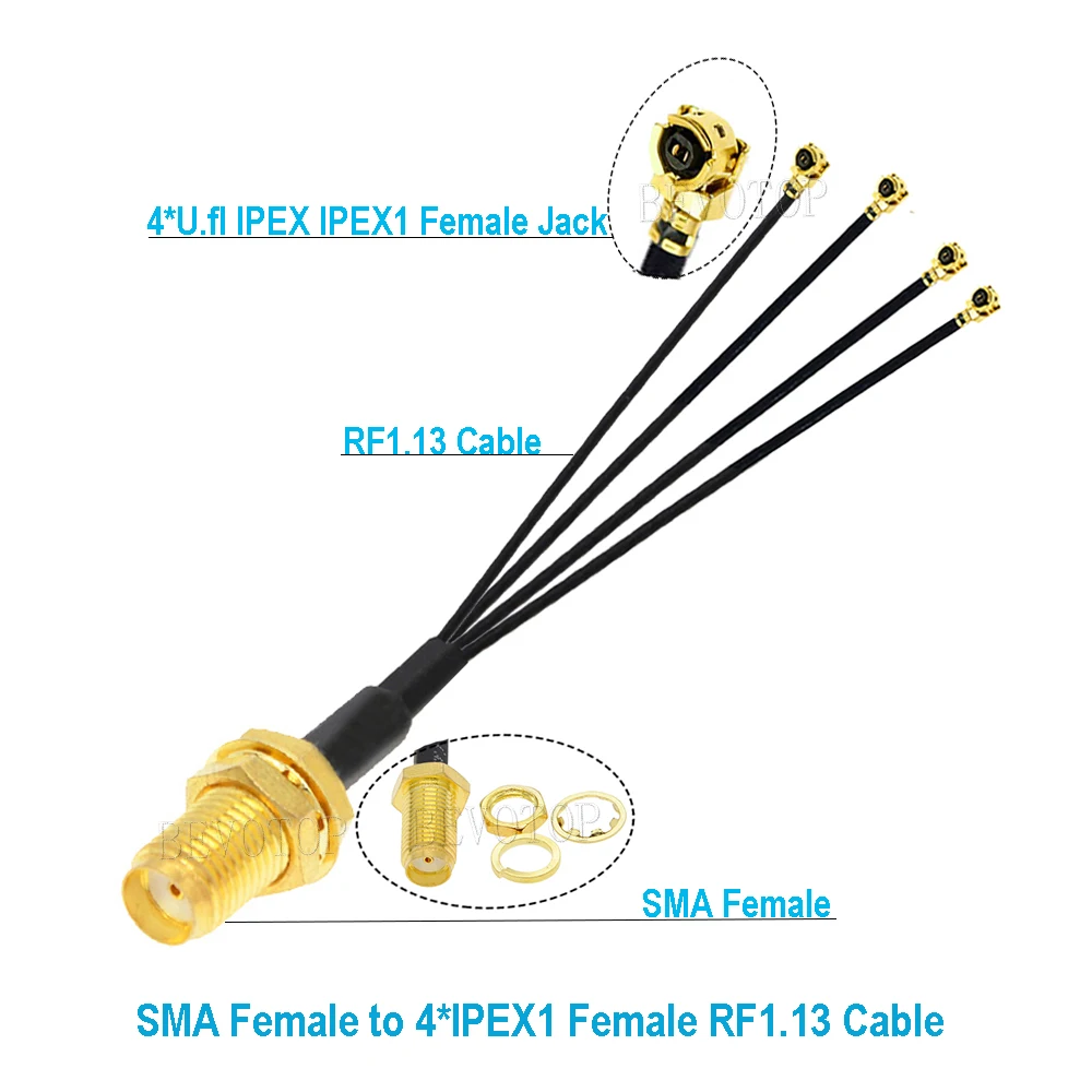 1PCS 1 to 4 SMA IPX Splitter Cable RP-SMA / SMA Female to 4 x U.fl Female1 RF1.13 WIFI Antenna Extension Jumper BEVOTOP