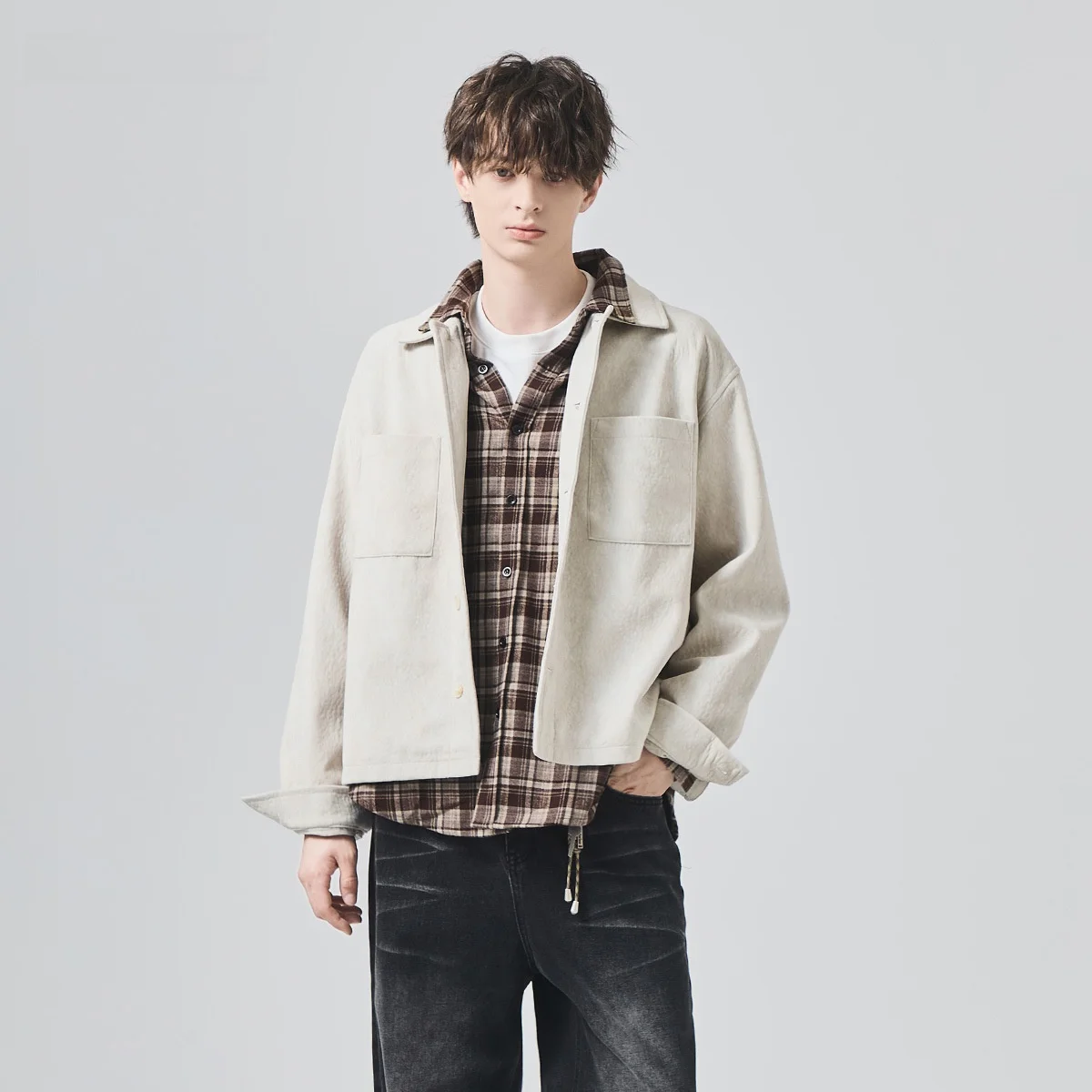 

Men's Casual Texture Jaet Loose Fit Collared Outerwear Faionable Autumn Winter Polyester Long Sve Top