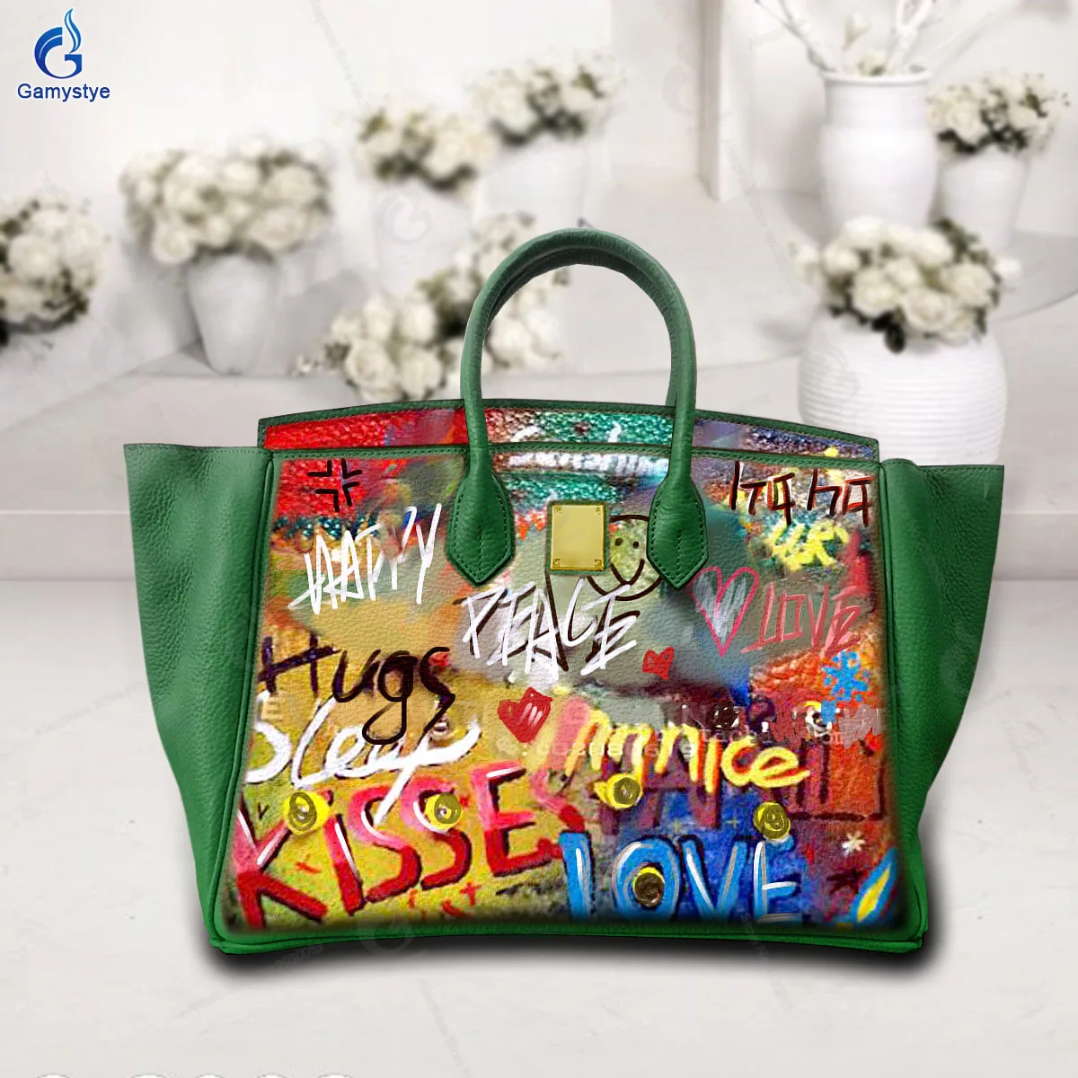 

Art Oil Graffiti Painted English graffiti kiss and love Handbag Ladies purses and handbag Messenger Clutch Totes Genuine Leather