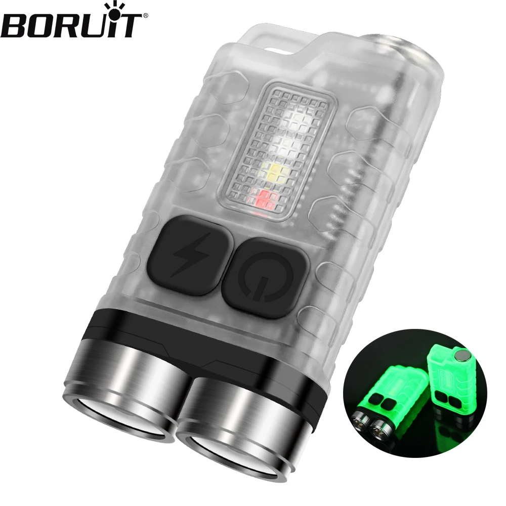 BORUiT V3 LED Keychain Portable Fluoresce EDC Flashlight Work Light Type-C Rechargeable Mini Torch with Magnet UV Pocket Lantern