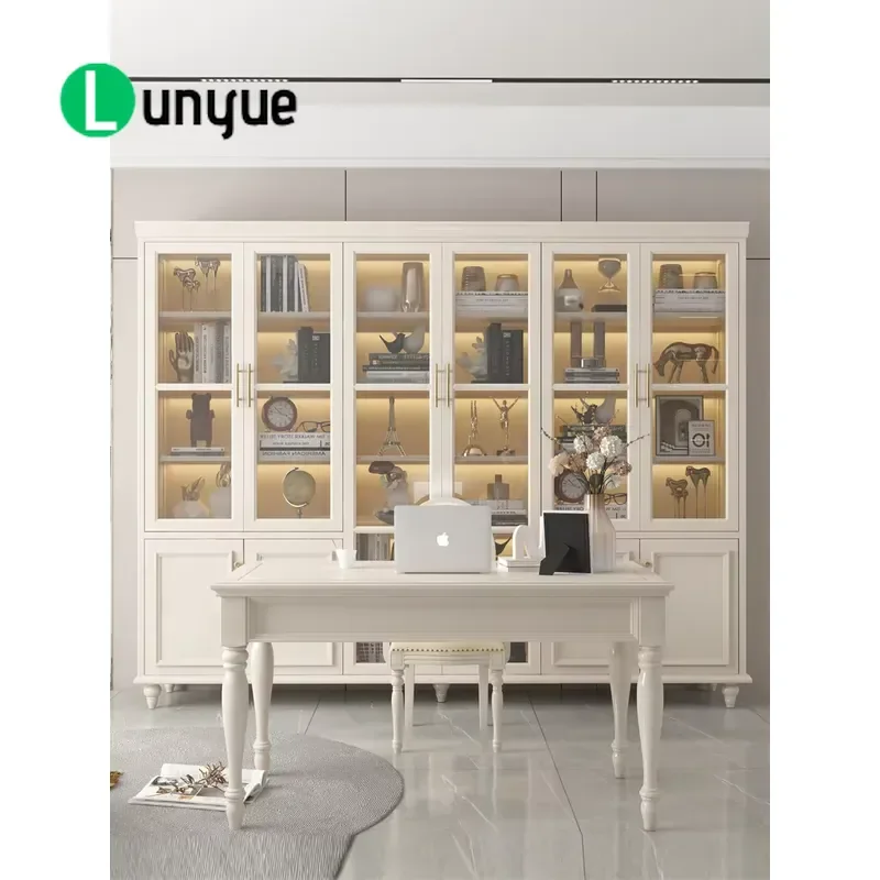 American Country Style Solid Wood Bookcase with Glass Door Fixed Shelf Storage Rack No Assembly Needed for Study Home Office