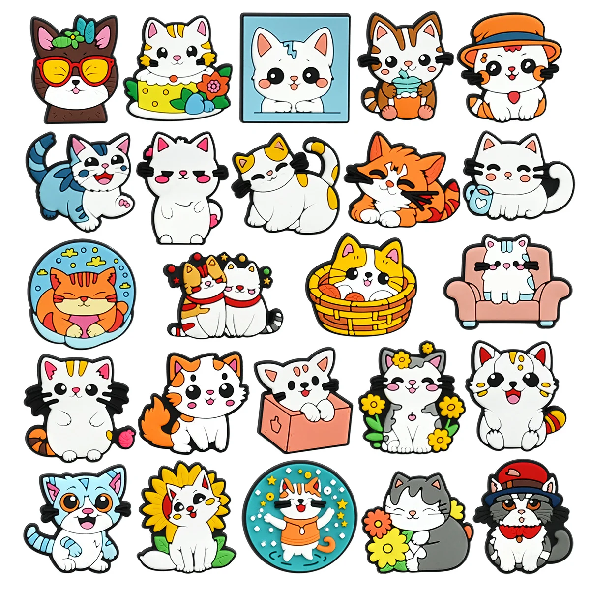 24pcs Cute Little Cat Series Shoe Charms Set For Bag Bubble Slides Sandals, PVC Shoe Decorations Accessories