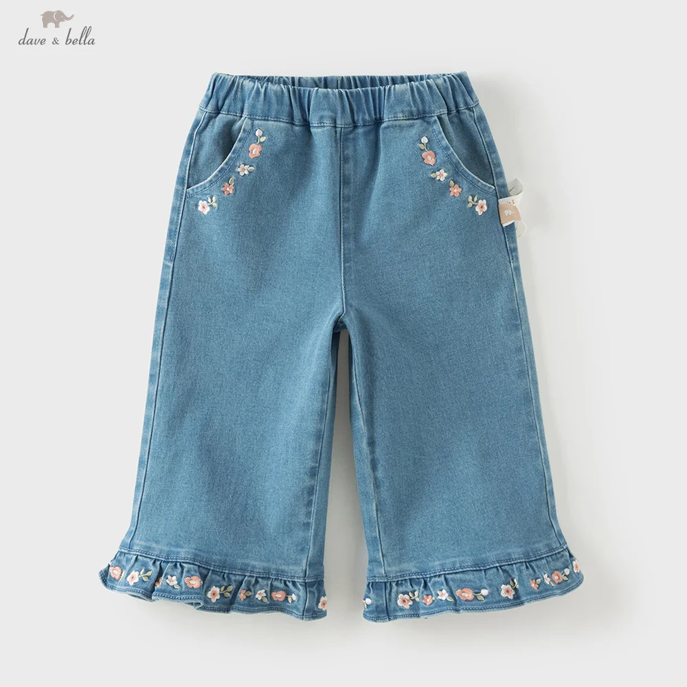 

Dave Bella Children Autumn Jeans Wide Leg Pants Straight Trousers Denim Blue Girl Clothes Casual Cowboy Flower Elastic DB3262776