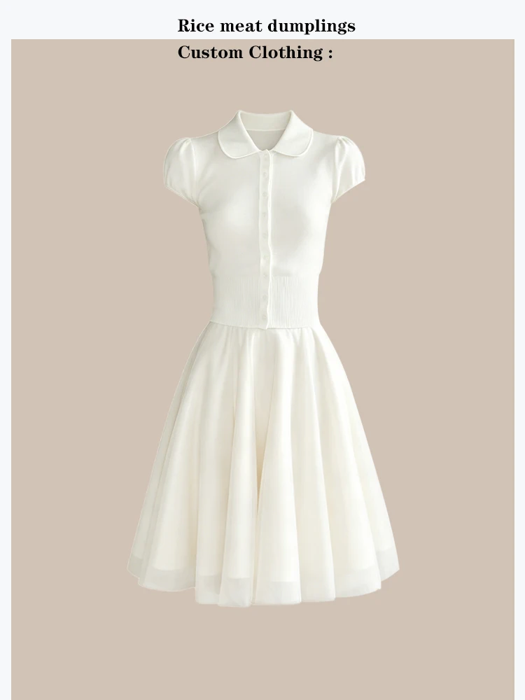 

Elegant Two-Piece Set Short-Sleeved Knitted Top And A-Line Mesh Skirt Youthful Doll Collar T-Shirt Ballet Style Summer Outfit
