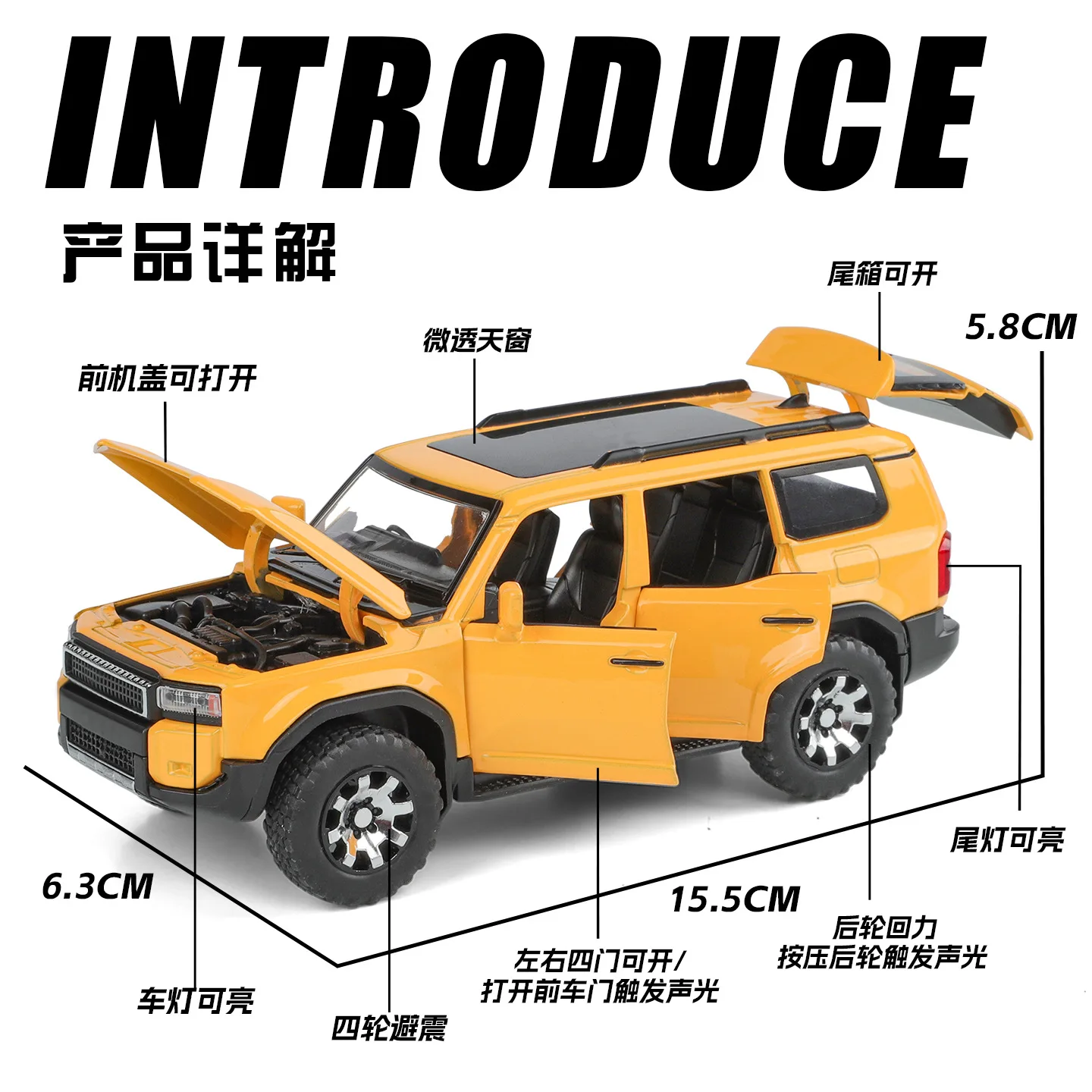 1:32 Prado SUV Miniatur-Spielzeugmodellauto, Legierung, Druckguss, Geländefahrzeuge, Ton, Licht, Türen geöffnet, zurückziehen, für Kindergeschenke
