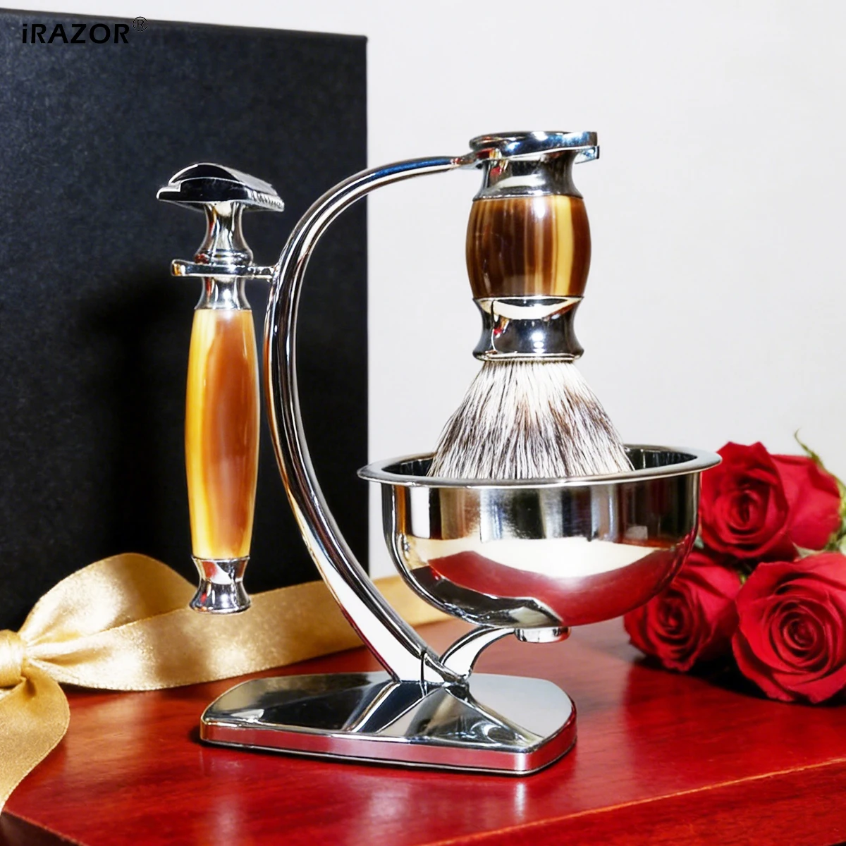 iRAZOR Classic Men's DE Double Edge Safety Razor Kit with 10 Blades Silvertip Shaving Brush Bowl Wet Shaving Grooming Gift Set