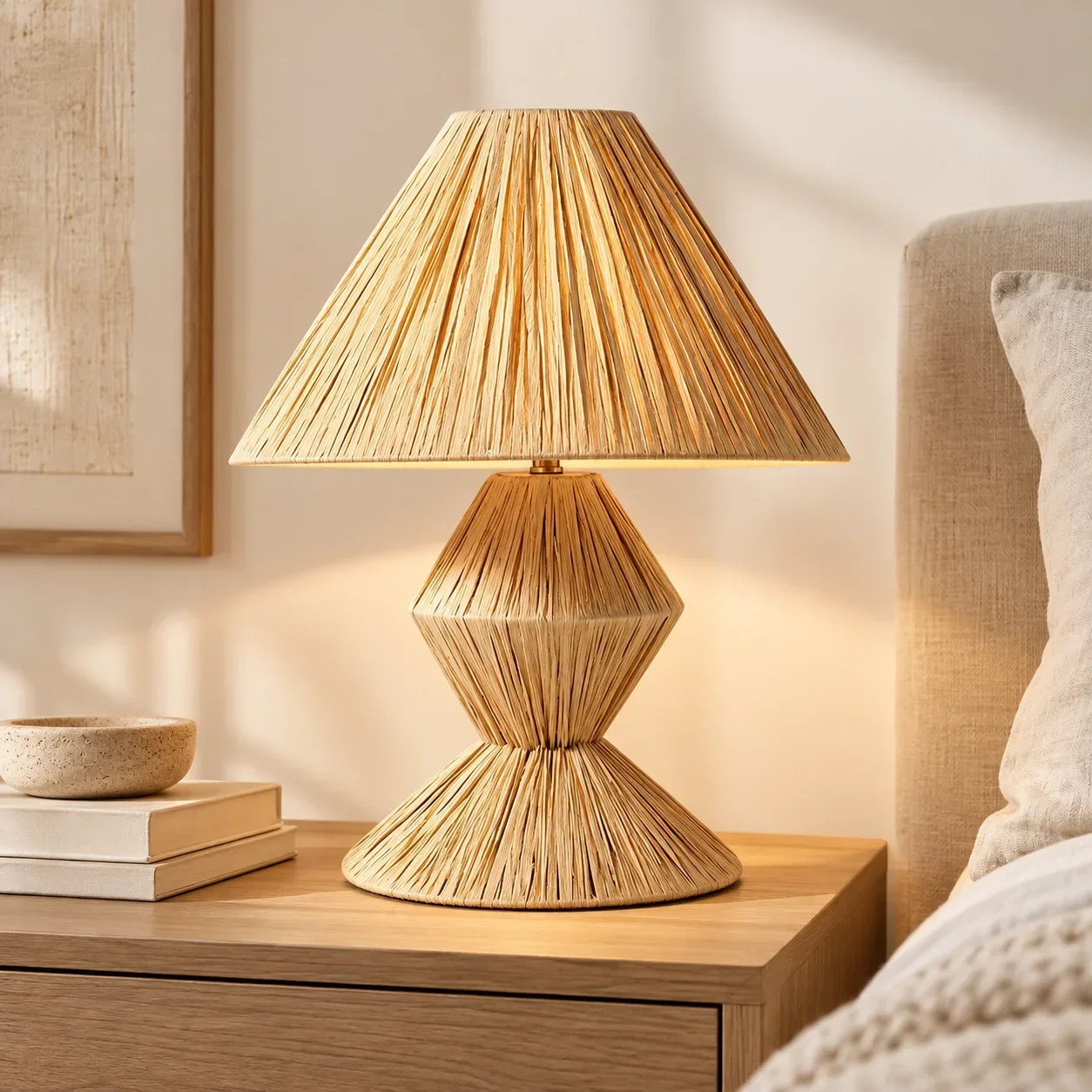 JOYINLED Natural Raffia Lampshade Boho Woven Table Lamp Cover Bedside Nightstand Light for Bedroom Living Room Home Decor