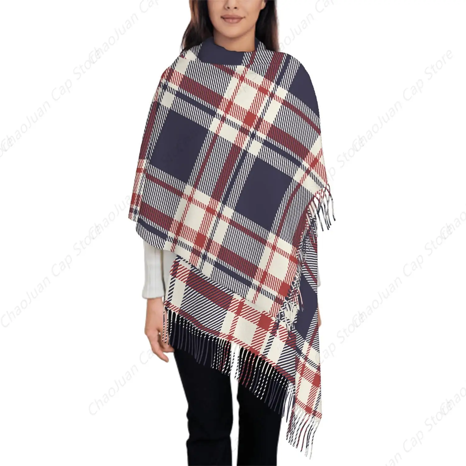 

Oversize Scarf for Women Tartan Plaid Dark Blue Red And Beige Scarf Tassel Scarves Fall Winter Shawl Wraps