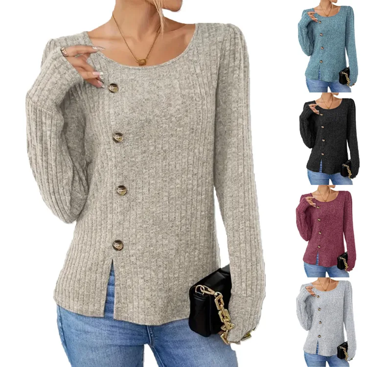 

Y2K Fall/Winter new Long Sleeve Solid Color Crew Neck Top for Women Fashion Casual Button-Up Pullover T-Shirt traf zara 2025