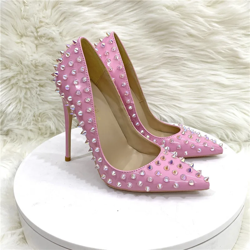

Pink studded high heels, fashionable,ultra shallow mouth, pointed toe, thin heel, hate sky,high punk style,12CM zapatos de mujer
