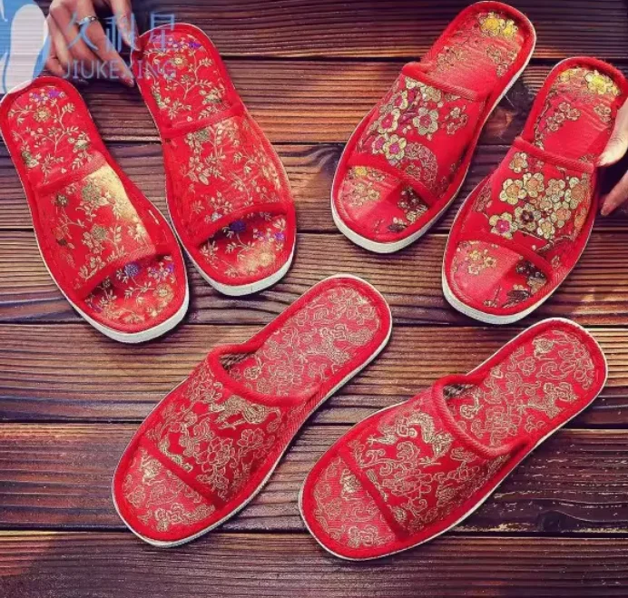 Handicraft Chinese knot Silk Brocade Slippers for Women, Reusable Rubber Bottom, Wedding Party Favor, Indoor